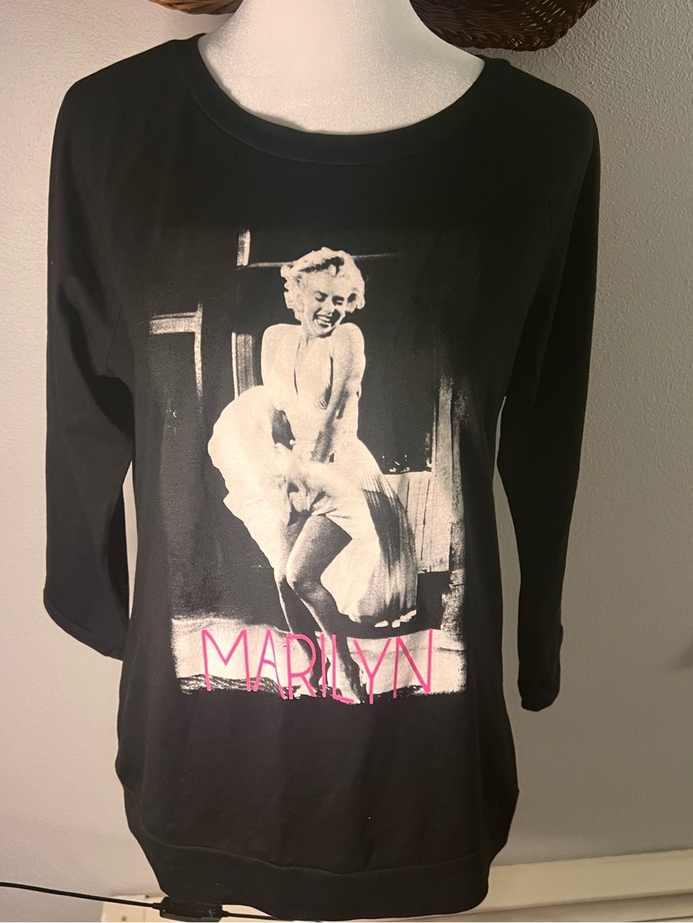 Marilyn Monroe Graphic Long Sleeve Tee - Black with Pink Text
